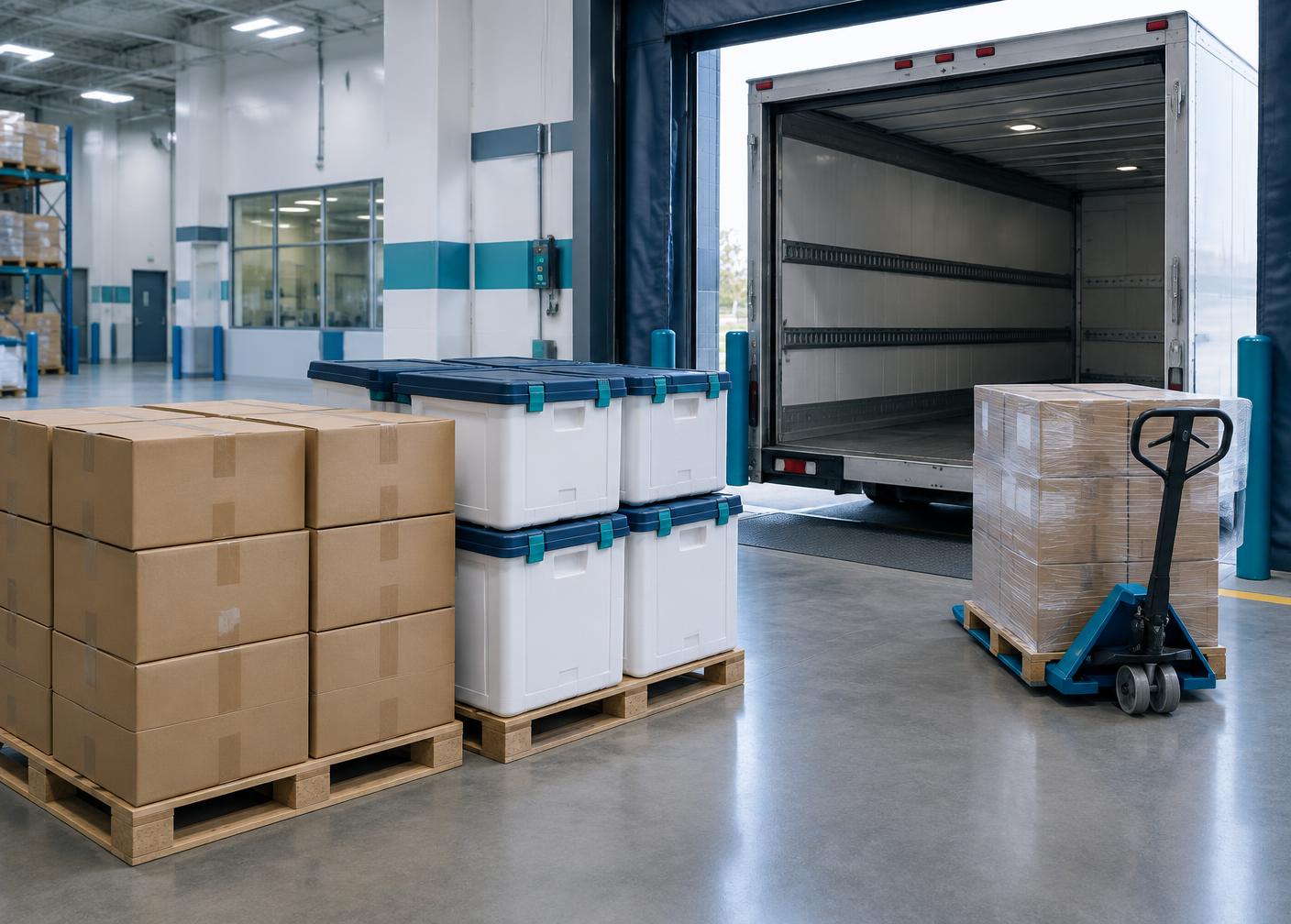 Cartons and temperature-controlled totes staged for loading at a distribution dock