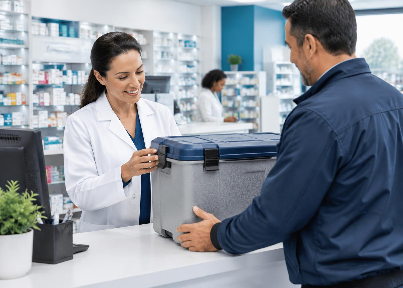 Pharmacist receiving a temperature-controlled pharmaceutical delivery