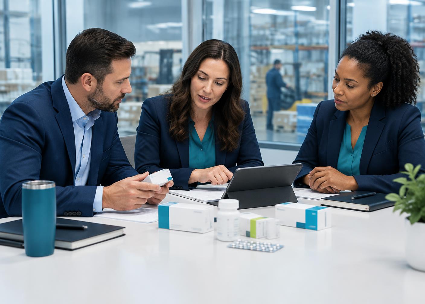 Pharmaceutical supply-chain partners reviewing products and distribution plans