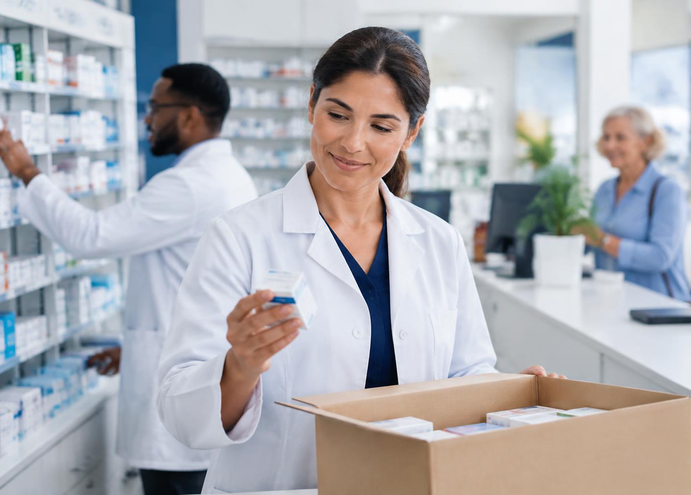 Pharmacist receiving prescription products