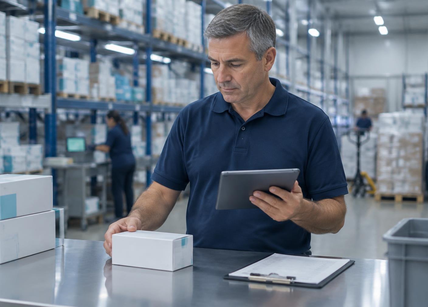 Quality specialist checking a pharmaceutical carton against a tablet