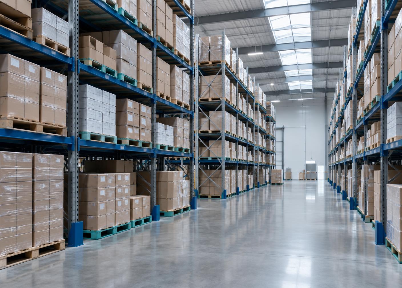 Pharmaceutical cartons on pallet racking inside a distribution warehouse